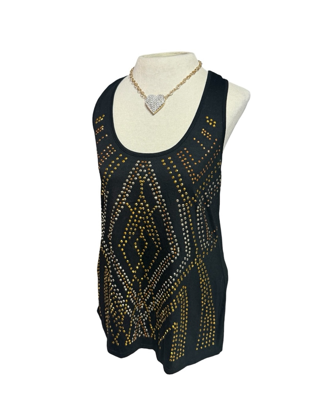 Almost Famous Embellished Black Racerback Tank Top with Gold & Silver Studs